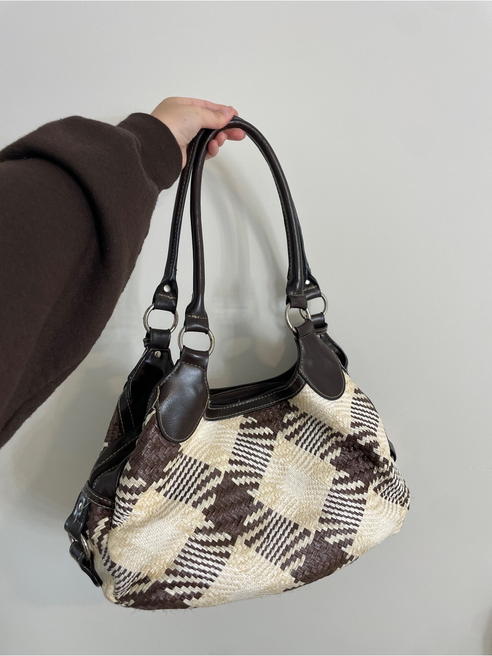 Vintage Boho Woven Check-Pattern Shoulder Bag - Brown & Cream